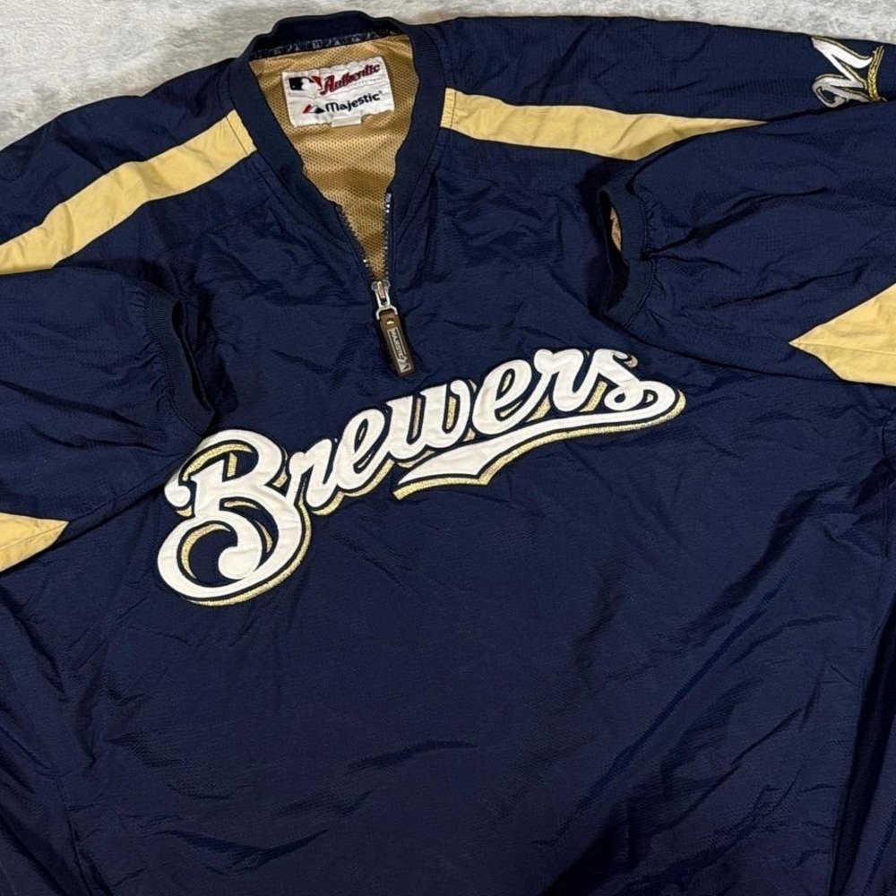 Y2K Vintage Majestic Milwaukee Brewers Pullover Jacket | Deep Navy/Gold‎ | XL